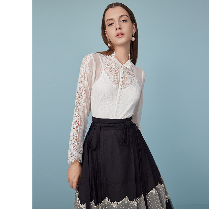 Women's Elegant White Lace Top Hollow long-sleeved White Top French Romantic Sexy Lace Shirt Party Summer Resort Wear Office Women Clothing 61123