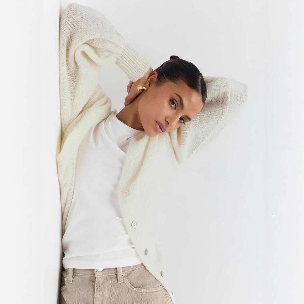 Autumn New Soft Mohair V-Neck Hollow Cardigan For Women, Elegant Lazy Style With Shell Buttons And Lantern Sleeves Sweater Coat B5