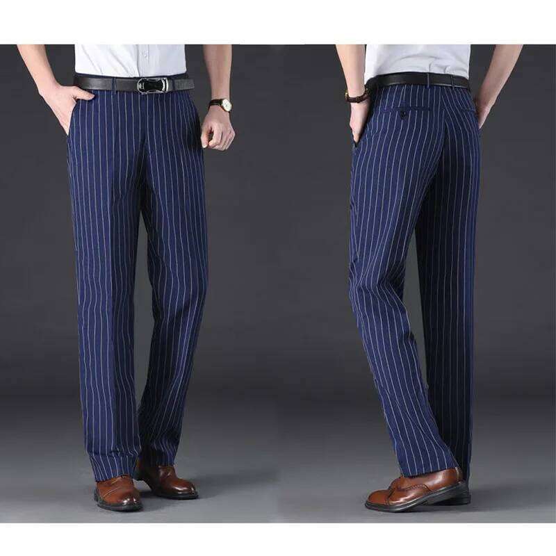England Style New Men Casual Summer Thin Straight Anti-Wrinkle Striped Trousers Loose Business Vintage Cootrast Color Suit Pants