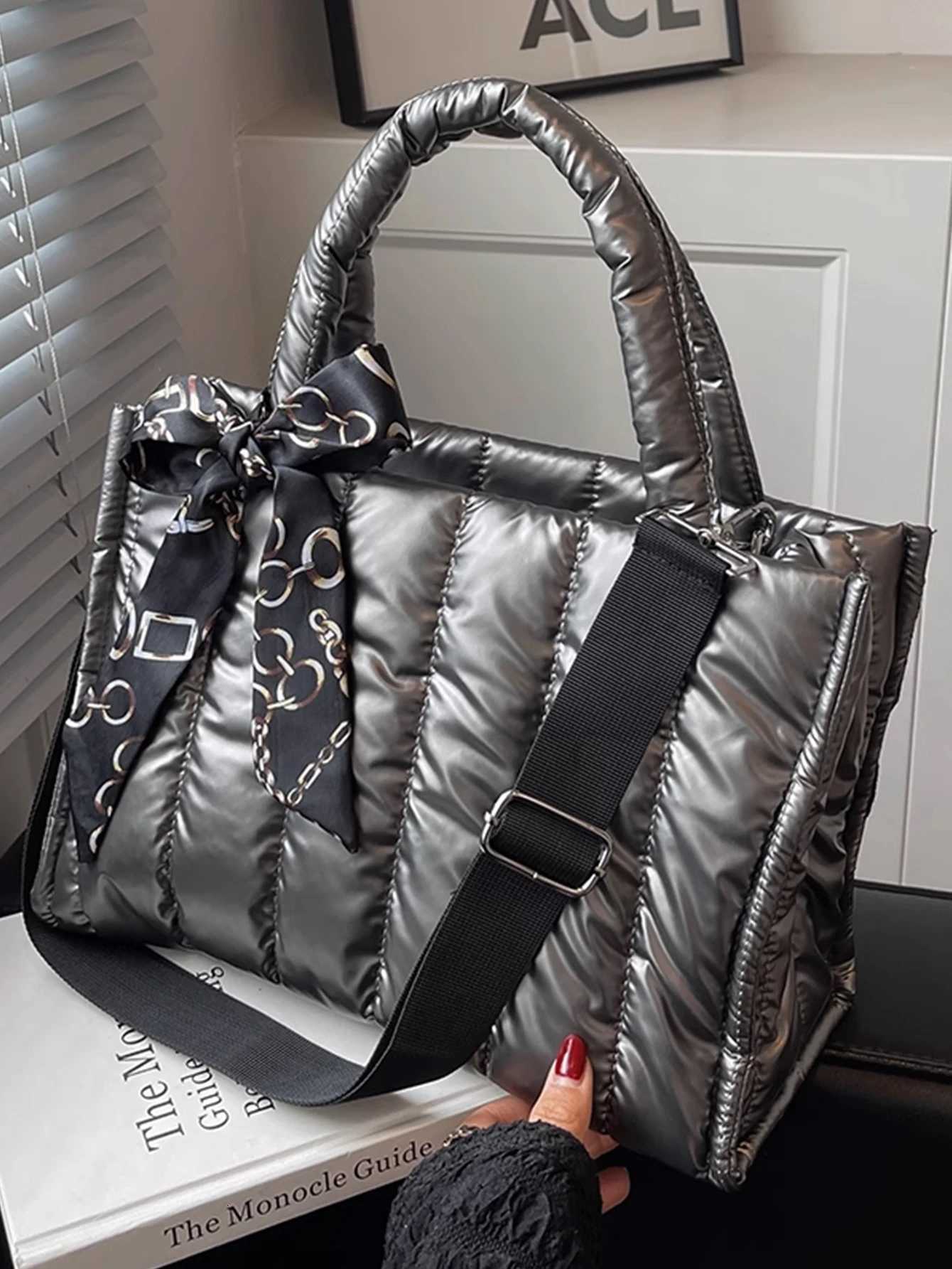 Urban Stylish Shoulder Bag Quilted Fabric Tote with Metal Chain Scarf Lightweight 0.3kg for Off Travel Y250730
