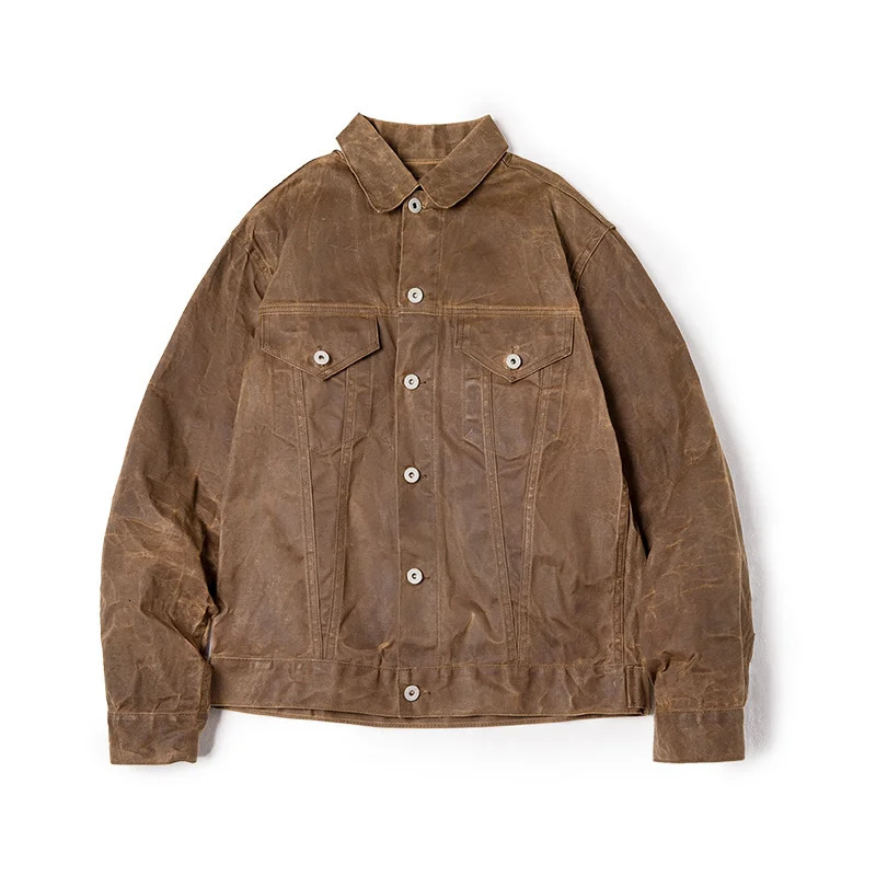 Maden Amekaji Retro Male Oil Waxed Jacket Canvas Cotton Khaki Military Uniform Light Casual Work Safari Style Coats Man Clothing 250730