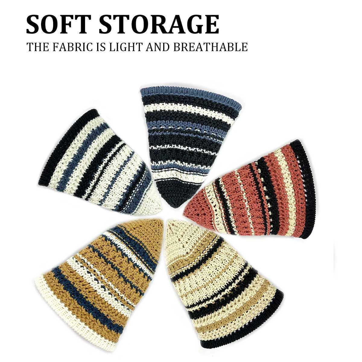 1 Womens Colorful Striped Knitted Hollow Hat that Can Be Folded for Outdoor Travel and Sun Protection Y250730
