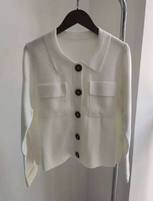 Designer Clothing 2025 Solid Color Jacquard Knit Cardigan Turn-Down Collar Long Sleeve Button Pocket Female Sweater Casual Cozy Ladies Top Clearance