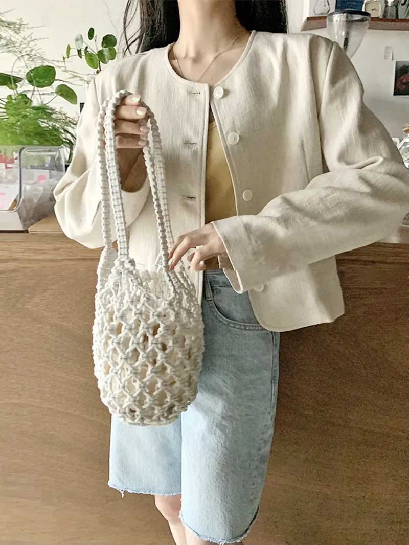 Summer Beach Bag For Women Mesh Rope Knitted Bucket Shoulder Bags Reticulate Hollow Travel Shopper Totes Ladies Fashion Handbag Y250729