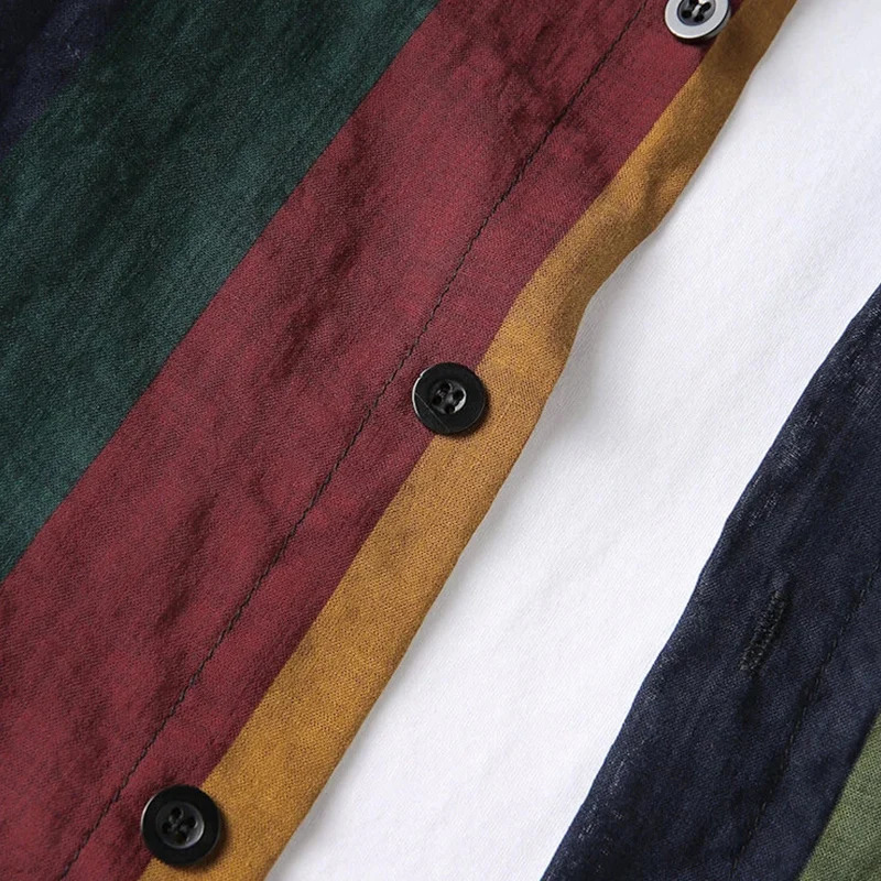 Autumn Mens Streetwear Colorful Vertical Stripes Loose Long Sleeve Shirt Leisure Fashion Retro Buttondown Cotton Pockets Tops 250729