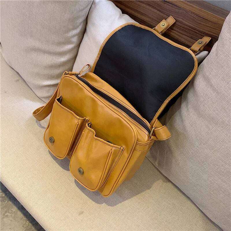 Vintage women Messenger Large capacity oil wax leather female shoulder ladies crossbody bag Casual big handbag yellow OLOEY