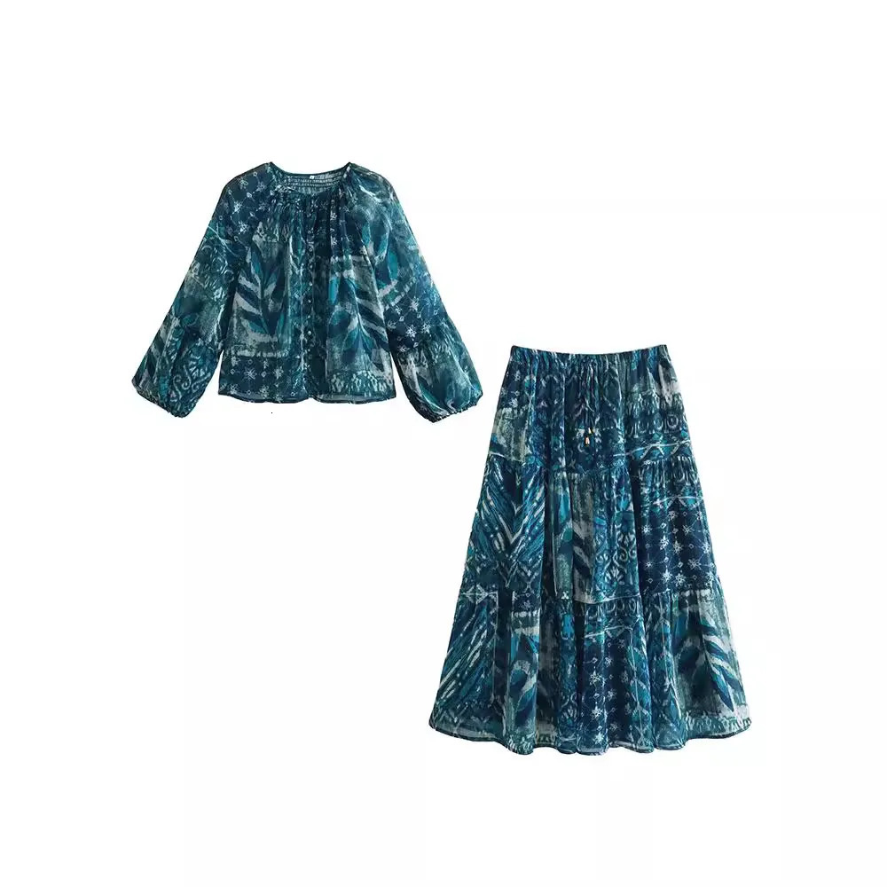 Women Long Skirt Set Casual Sleeve Print Shirts High Waist Slim AnkleLength Skirts 250730
