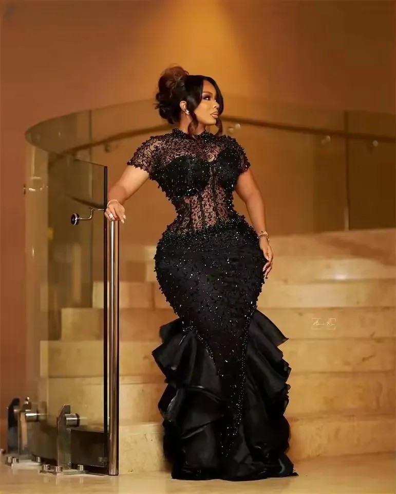 Black Lace Prom Party Dresses For African Women 2025 Sequined Beaded Reception Gown Ruffles Birthday Dress Tiered Vestidos De Noche Customized