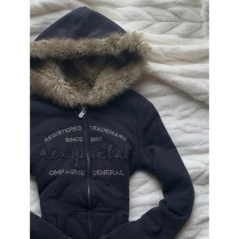 Harajuku letter y high quality plush fabric slim long sleeve hoodies for women Y2K winter warm fashion sweatshirts 250730