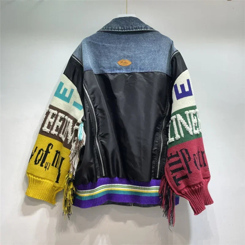 Women Letters Badges y Denim Coat Knit Spliced Sleeve Sweater Tassels Jeans Jacket Streetwear Cardigan Tops Chaquetas 250730