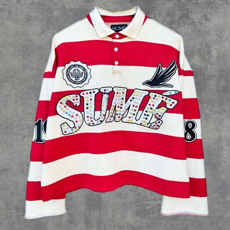 2 Pcs Co-ords Sume Rugby Dia Embroidery Stripe Polo Shirt Y2K Retro Classic Unisex Oversized Long Sleeved Shirts Sets