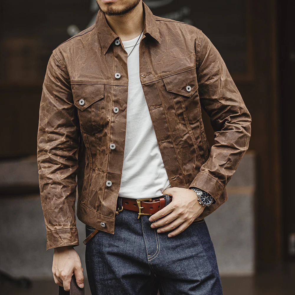 Maden Amekaji Retro Male Oil Waxed Jacket Canvas Cotton Khaki Military Uniform Light Casual Work Safari Style Coats Man Clothing 250730