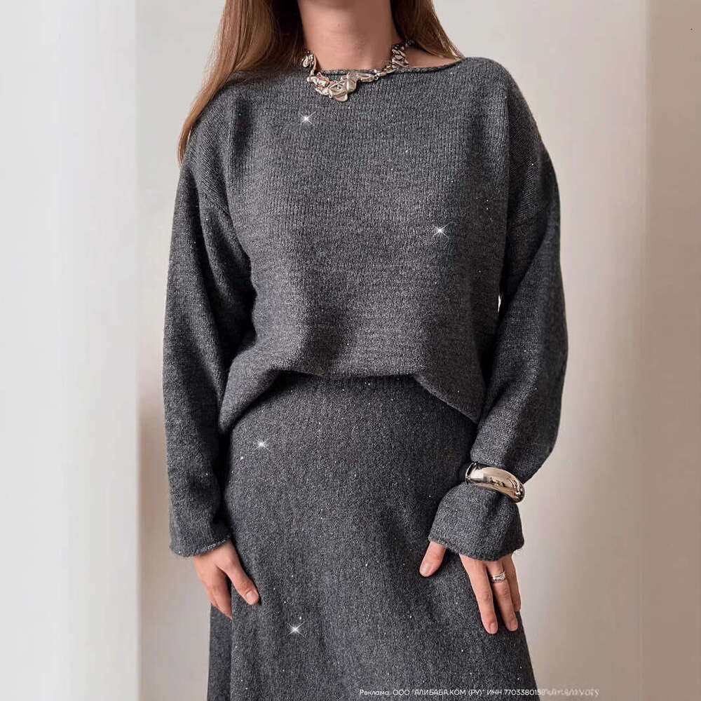 New Lazy Style Loose Top + Mermaid Skirt For Women Round Neck Knitted Sequin Set Shiny B5