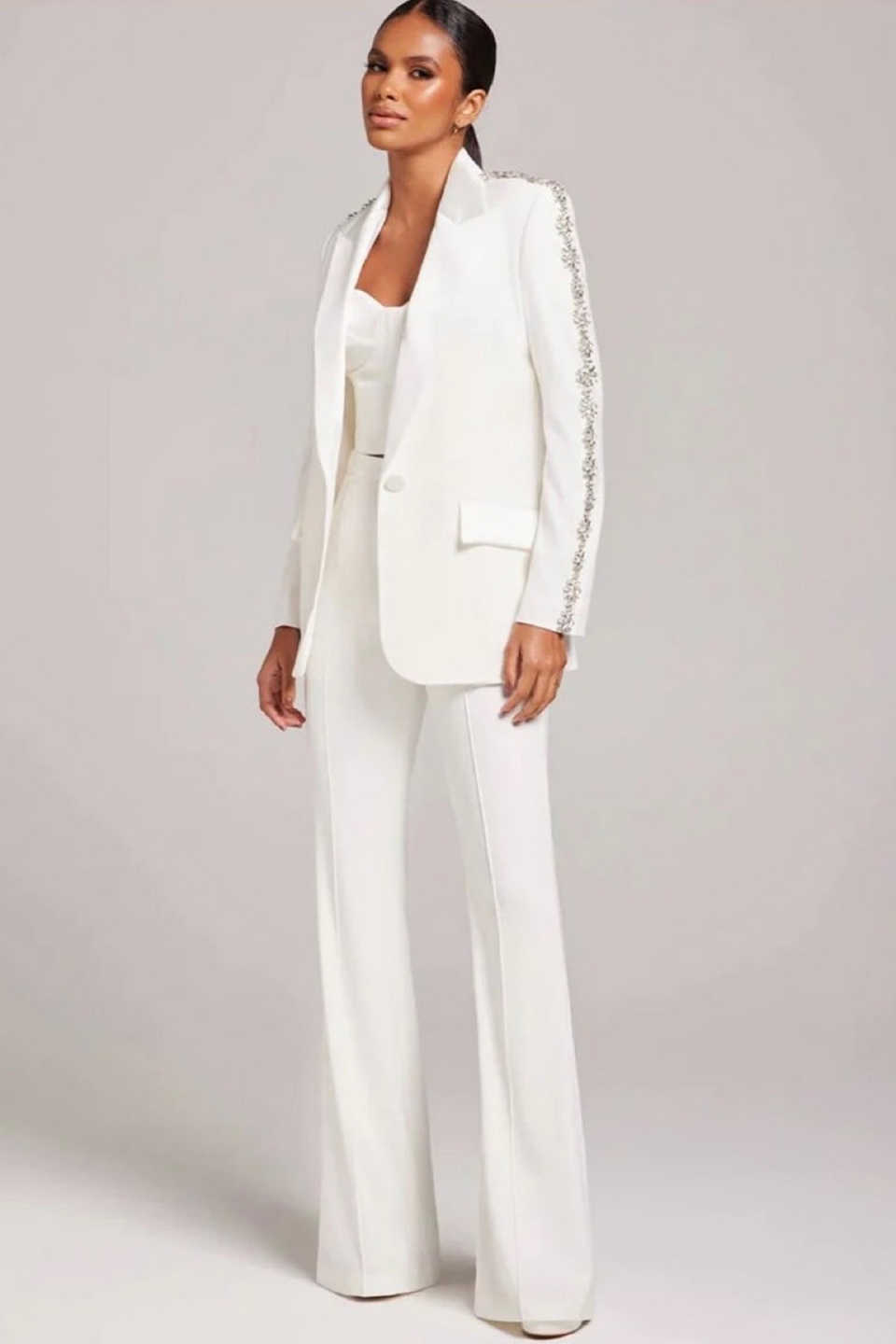 3 Pieces Crystal Women Pants Suits Ladies Shiny Beading Prom Birthday Party Formal Wear Outfit Flared Trousers Customized