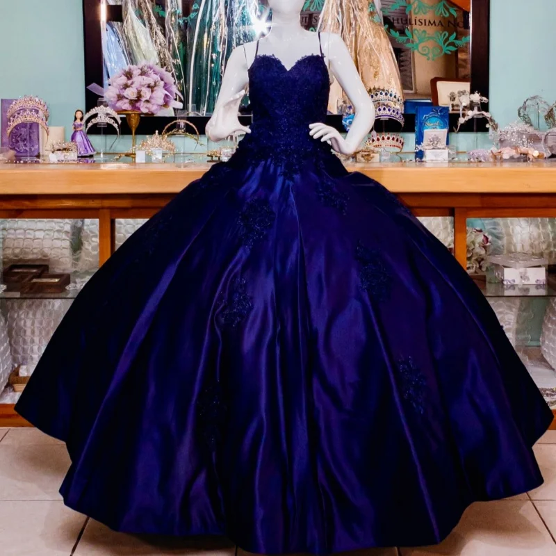 Navy Blue Quinceanera Dresses Spaghetti Strap Applique Lace Beads Party Birthday Vestidos De 15 Anos Sweet 16 Dress