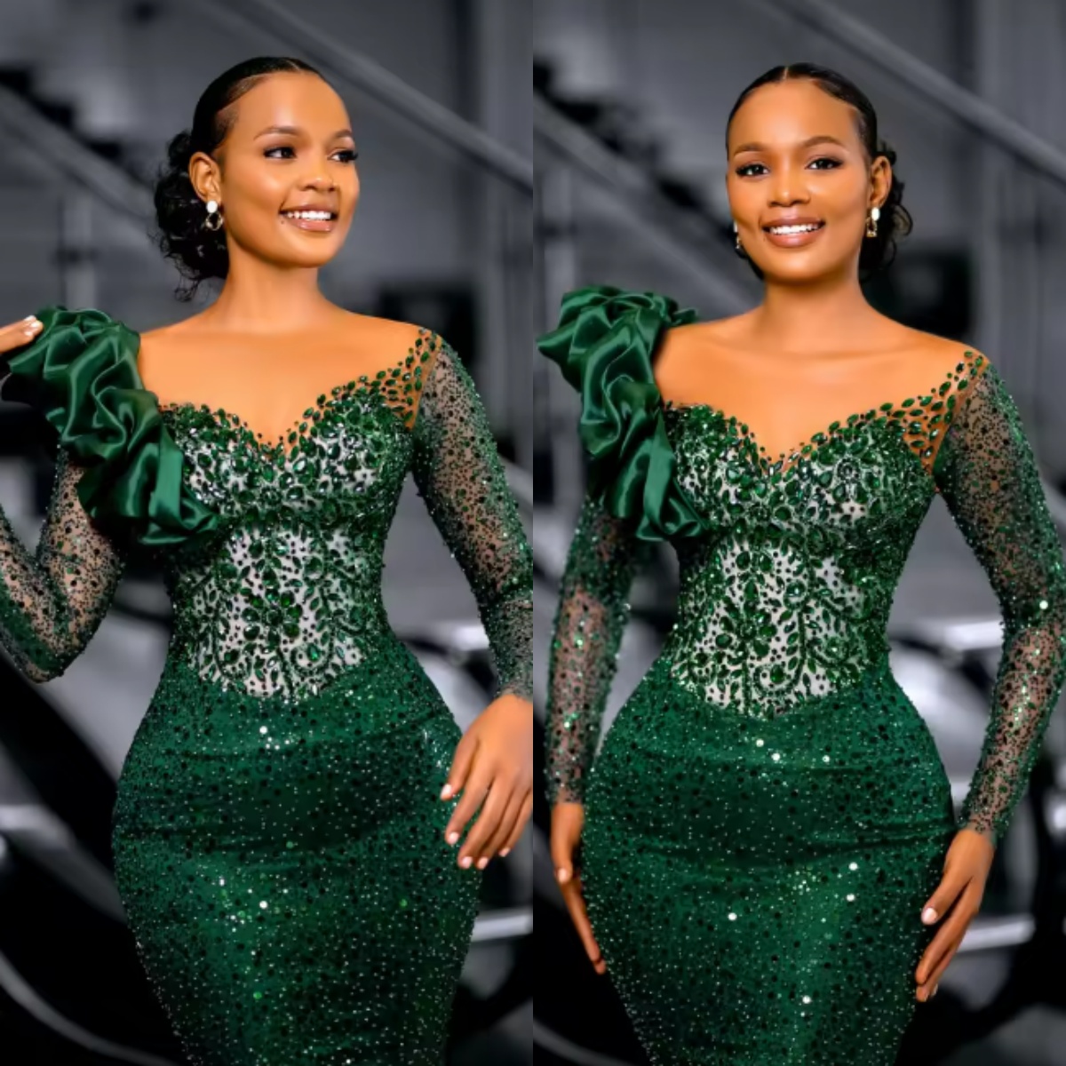 Green Evening Dresses Customized Sparkly Crystal Beadeds Birthday Dress African Prom Reception Dresses Formal Gown