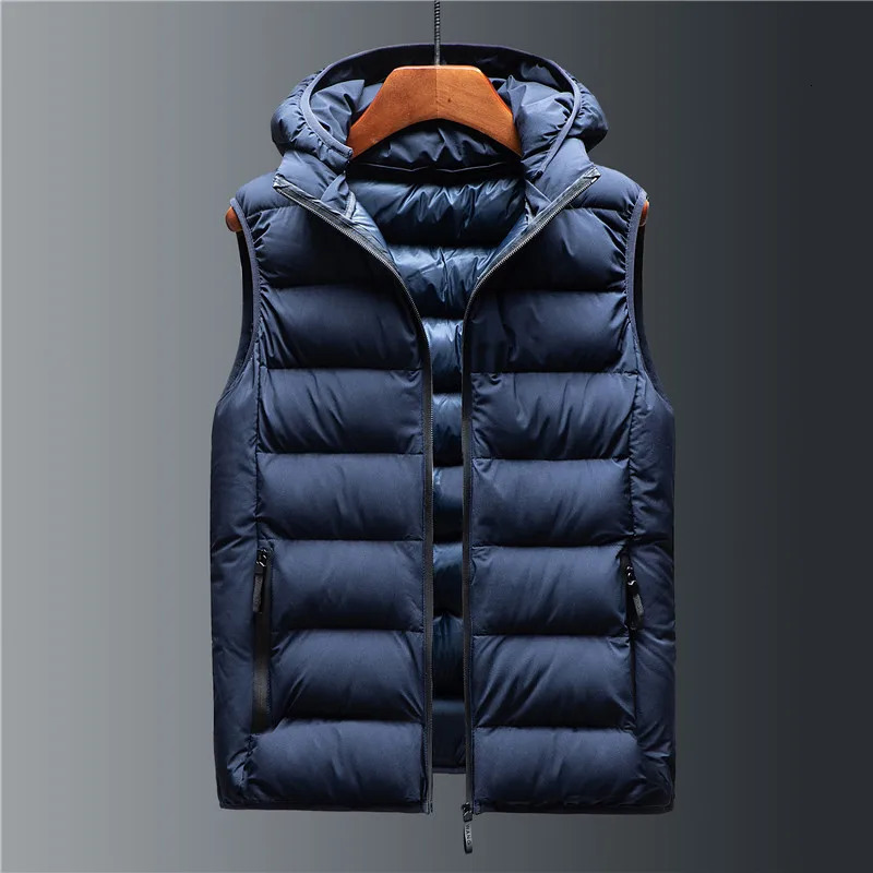 Autumn Winter Mens Down Vest Male Hooded Fashion Trend Zipper Stand Collar Solid Men Windproof Warm Jackets 250730