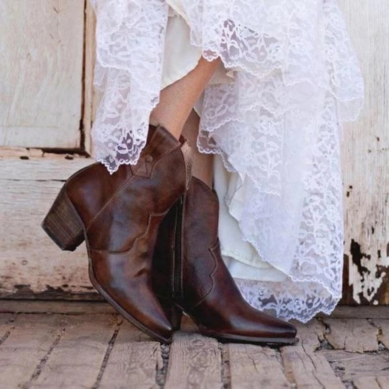 Womens Round Head Ethnic Leather Boot with Side Zipper - Thick Sole for Comfortable High Walk