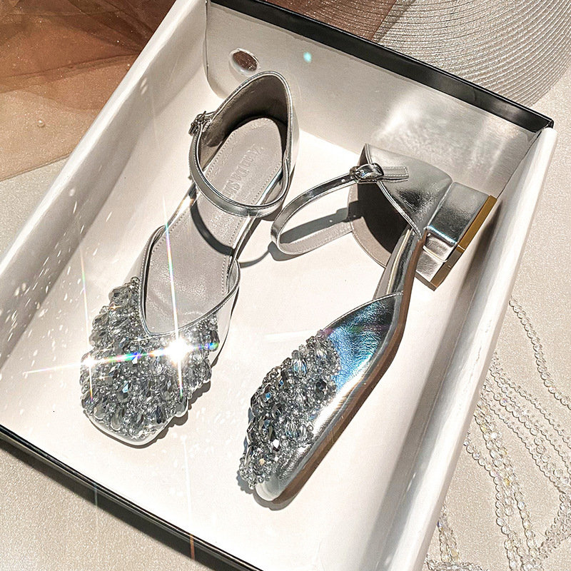 Summer New Women's High Heels Thick Heels Middle Heels French Water Diamond Hollow Sandals Women's Single Shoes New Fairy Style Designer Hig