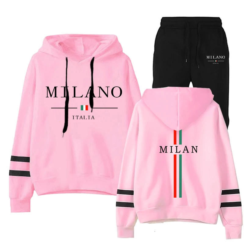 Italy Milan Womens Tracksuit Hooded Sweatshirts and Black Sweatpants High Grade Ladies Casual Sports Outfits Fashion Streetwear 250730