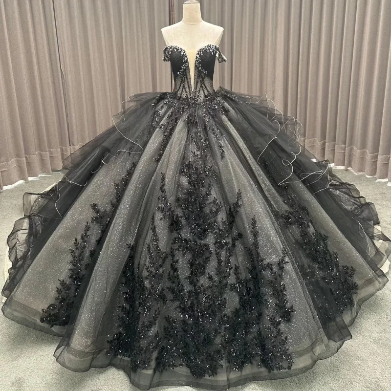 Black Princess Ball Gown Quinceanera Dresses Lace Appliques Crystals Beading Tull Sweet 16 Dress vestidos de 15 Anos