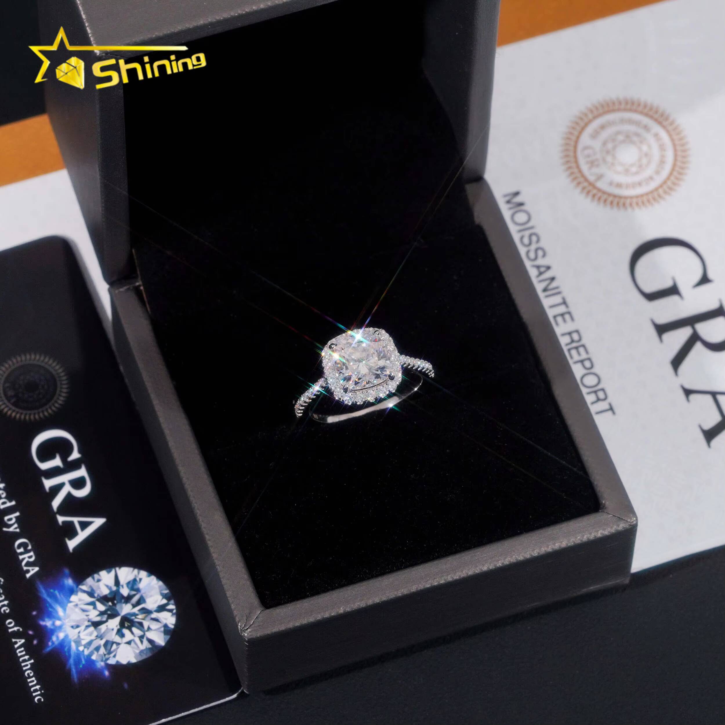 Trendy Halo Design 925 Silver Cushion Cut Moissanite Ring Custom Fine Women Finger Moissanite Eternity Wedding Ring