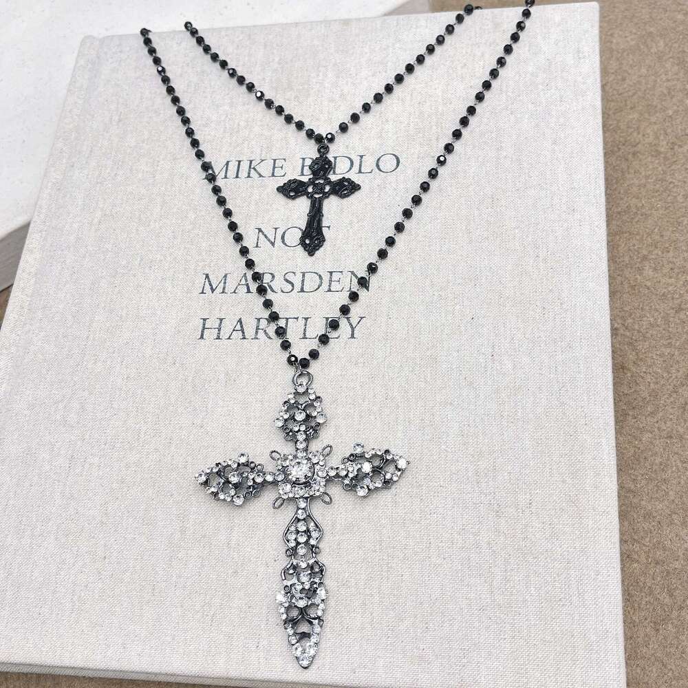 TikTok Black Beaded Double Layer Gothic Style Full Zircon Cross Necklace Spring 2025 a77