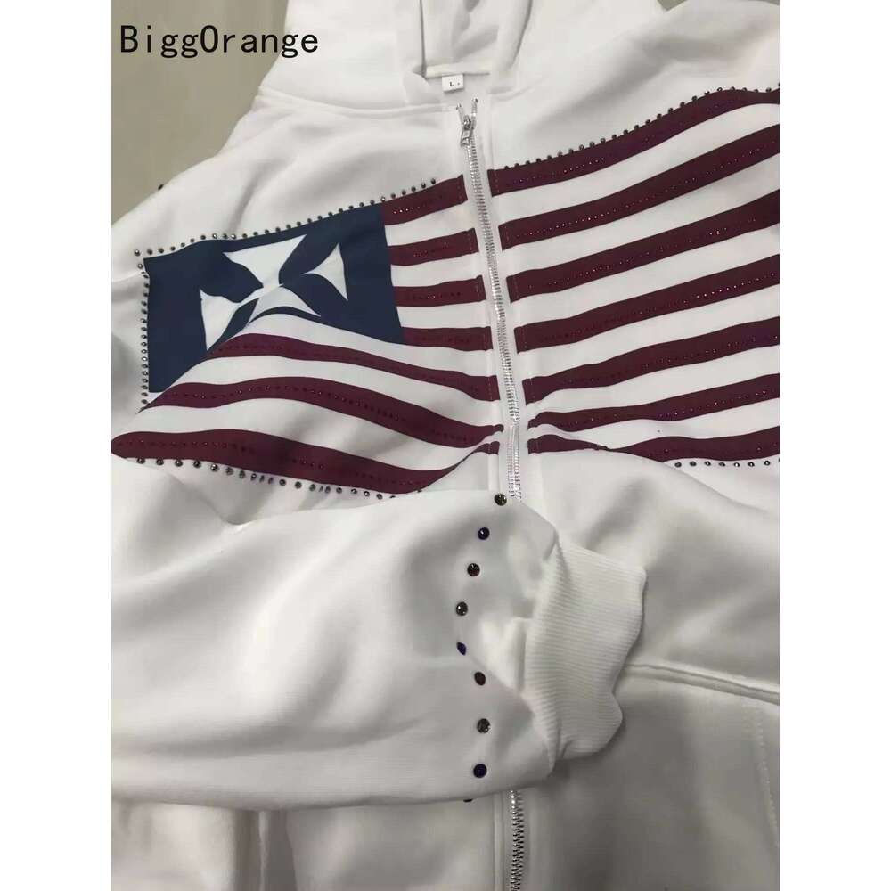 Sweatshirt Coat Rhinestone Embroidered Zipper Hoodie American Fashion Street Clothing Gothic Flag Men And Women Same Sweatshirt