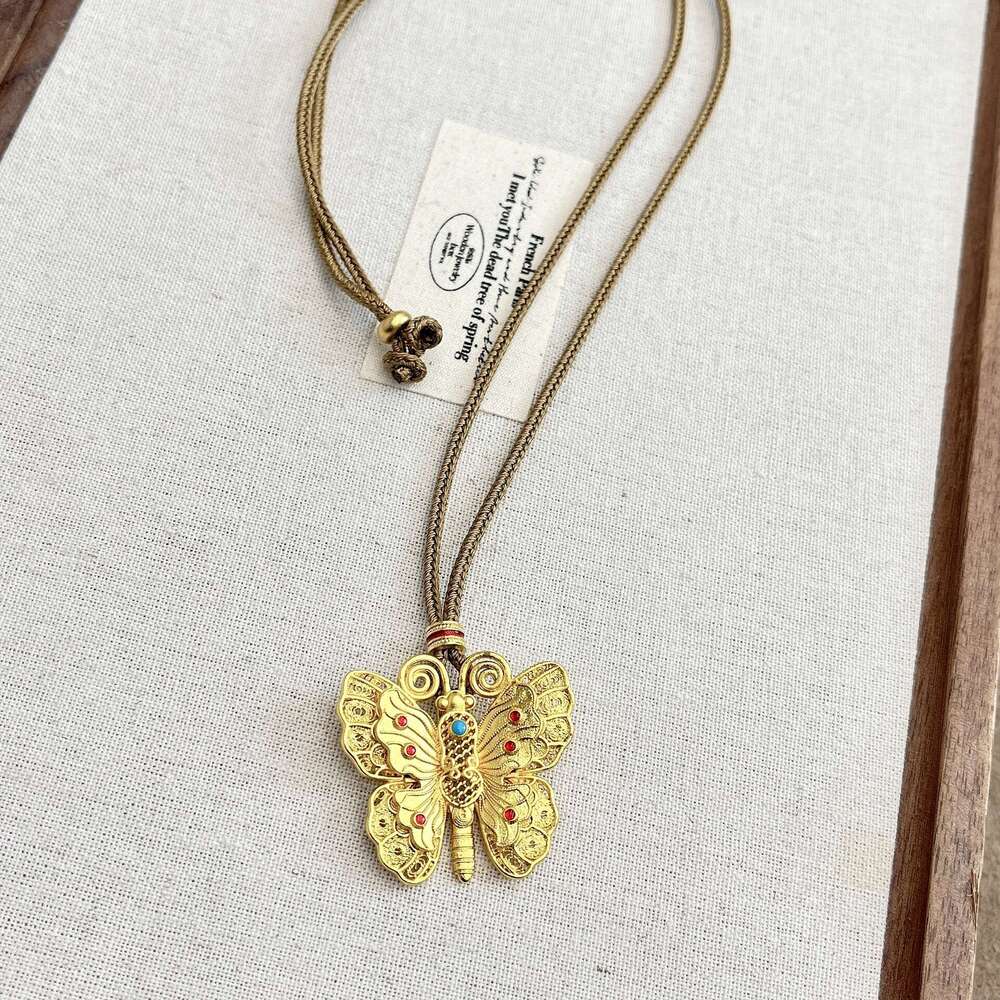 Wei Xue Ancient Enamel Hollow Flower Filigree Butterfly Pendant Necklace Copper Gold-Plated Jewelry Cross Mirror National Style c01