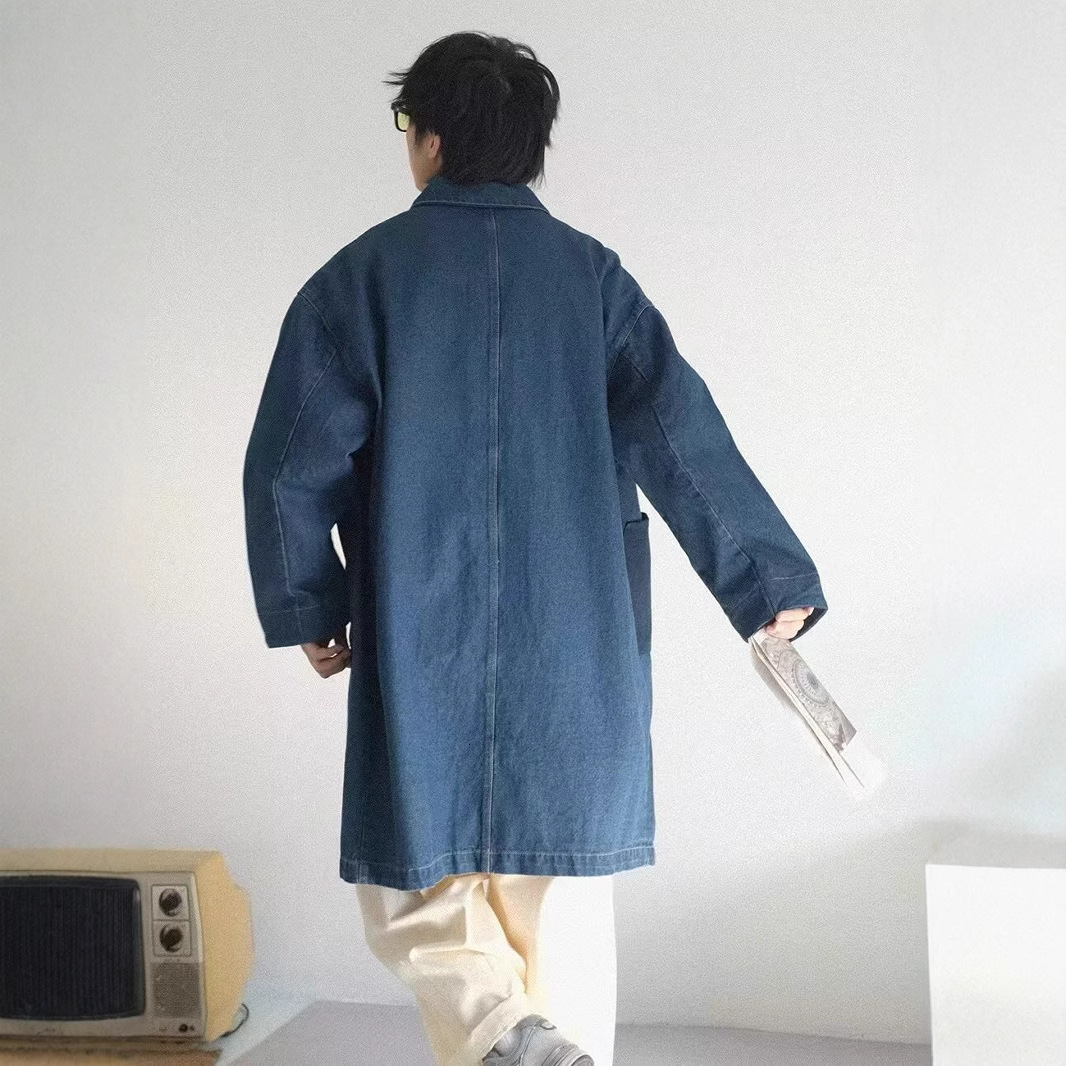 Simple Mid-Length Denim Trench Coat for Men Loose Casual Jacket Couple Outerwear Denim Coat 210524