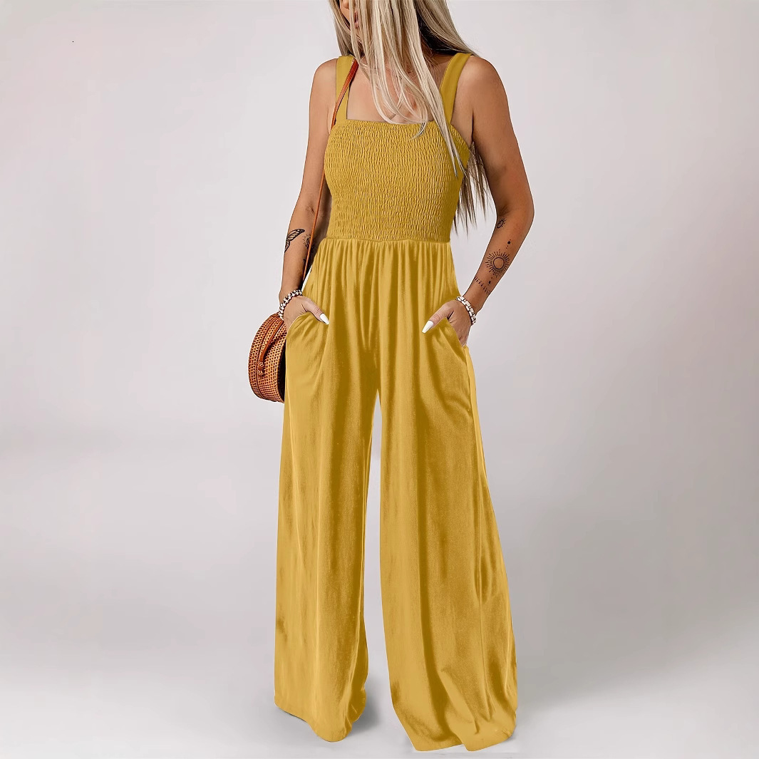 F2179 Womens Autumn Casual Elegant Yellow Strap Loose Wide-Leg Vacation Jumpsuit