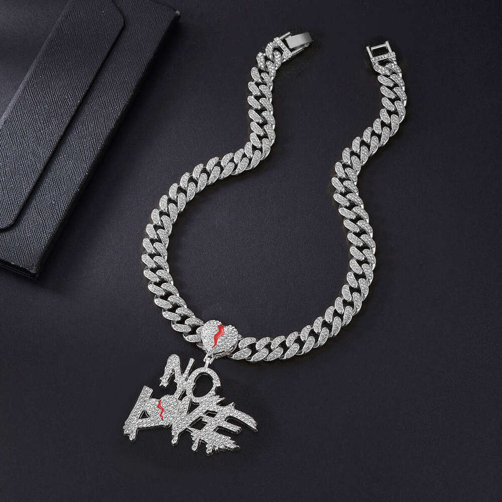 Inlaid Dia Nolove Letter Pendant Hip-Hop Fashion Creative Personality Heartbreak Shape Cuban Necklace