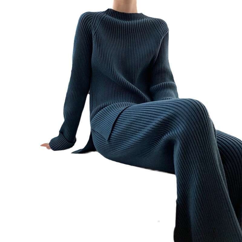 Autumn Winter Solid Color Round Neck Split Sweater Women's Loose Knitted Top Wide Leg Pants Two-Piece Set B5