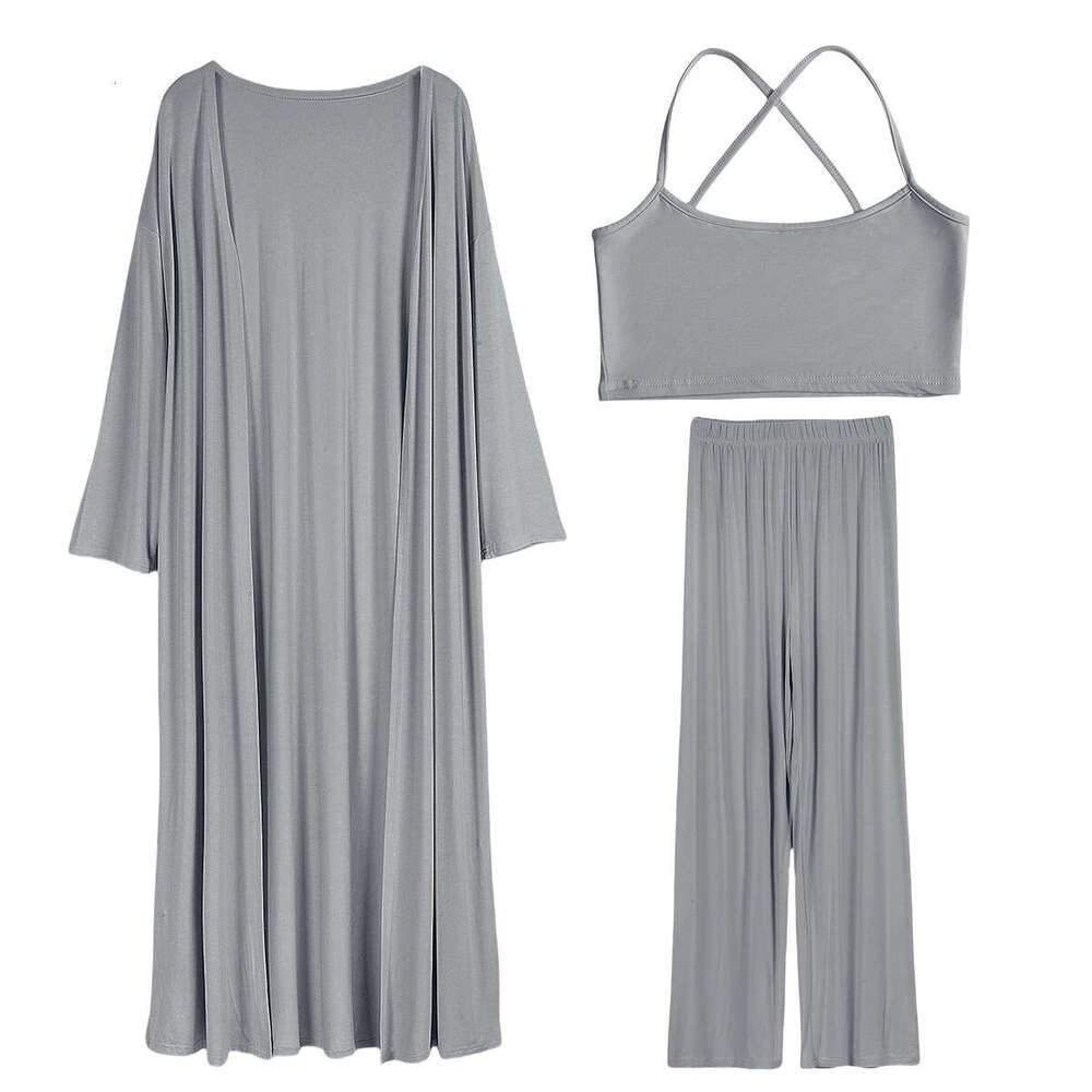 Lazy Style Loose Cardigan Short Skirt For Women With Camisole And Long Pants Three-Piece Set B5