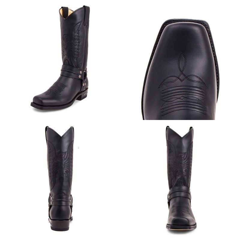 Music Festival Cowboy Boots Large Size Men Vintage Motorcycle Western Men 38-48 Half Boots Embroidery High boots Leather Square Toe Shoes Winter Long 