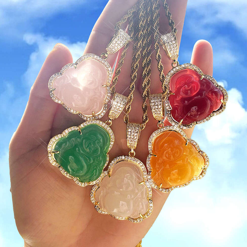 Maitreya Bright Gold Inlaid Agate Big Buddha Zircon Pendant Colorful Resin