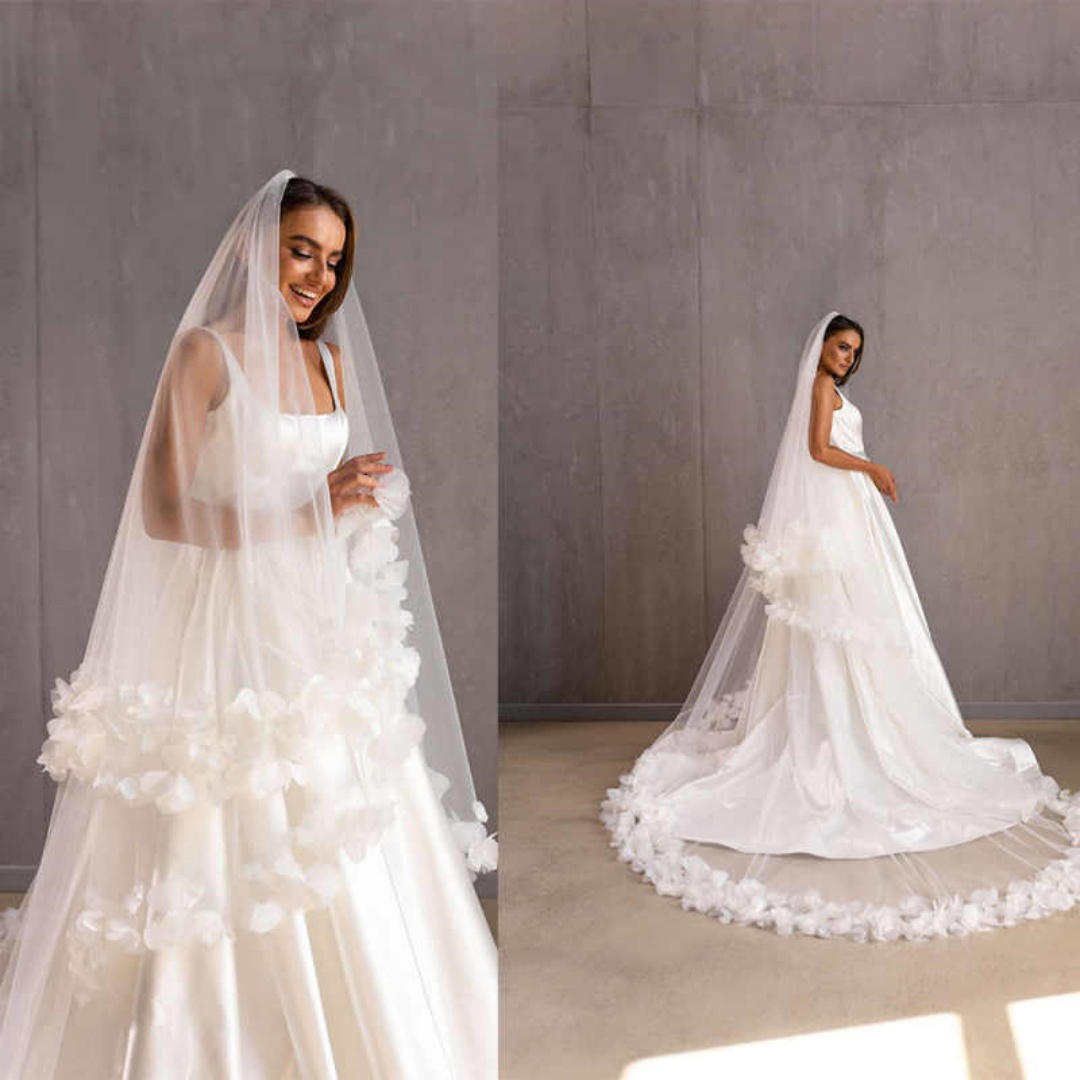 Wedding Veil Long Soft Tulle Royal Bridal Veil Two Layer 3D Flowers Edge Bridal Wedding Veil Wedding Accessories