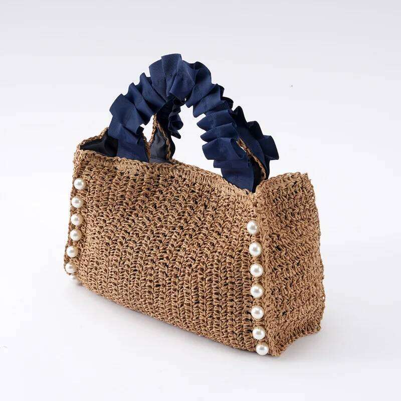Pearls Straw Bags for Women Bohemian Ruched Handle Handbags Summer Woven Tote Handmade Travel Beach Bag Small Shopper 2024