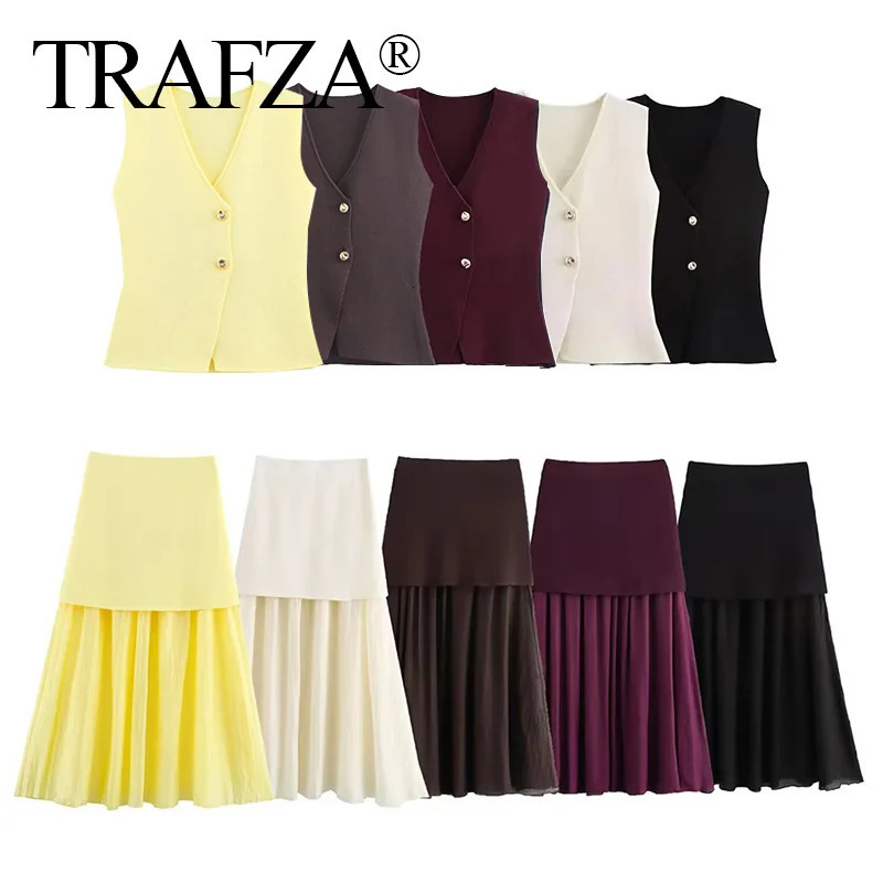 TRAFZA Women Knitted Skirt Set Beige VNeck Sleeveless Slim Vest Solid Patchwork Long Streetwear Summer Casual 250730