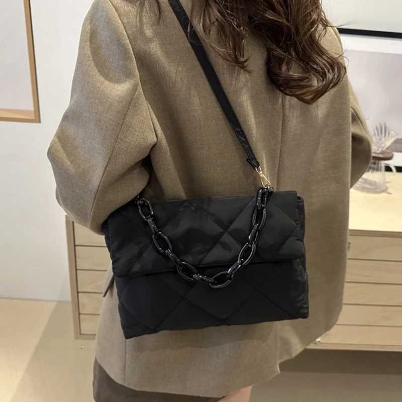 Winter Cott Padded Quilted Handbag For Women Chain Rhbic Pattern Designer Feather Down Bag Purse Ladies Shoulder Tote Bags Y250730