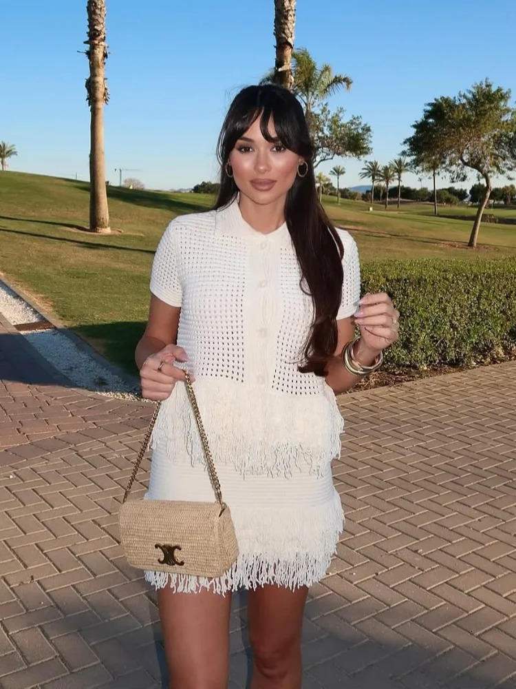 Sexy Irregular Solid Knit Short Skirt Sets Women Chic Sleeveless Hollow Out Single Breasted Top 2 Piece Suit Holiday Street Wear 250730