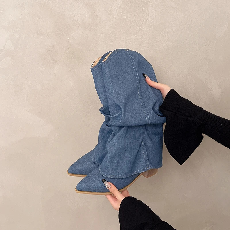 Pointed Denim Single Boots Womens Four Seasons Sleeve Non-Slip Wear-Resistant Square Heel Mid-Cone Boots 250729
