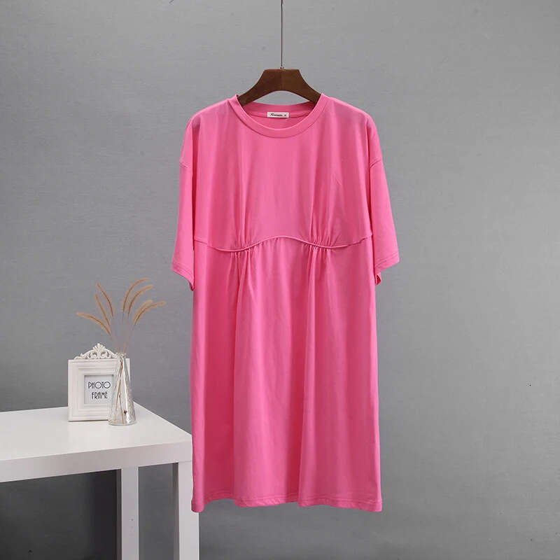 Summer New Pure Cotton Style Casual Loose T-Shirt Round Neck A-Line Dress Women's Clothing B5