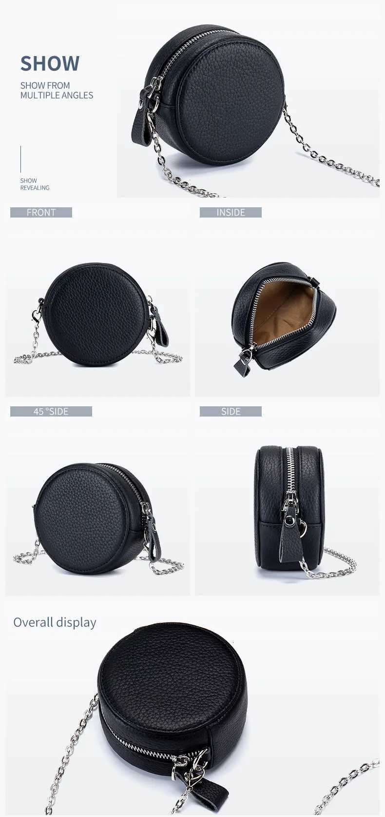 Ladies Fashion New Genuine Leather Round Mini Chain Bag Evening Shoulder Crossbody Purse Portable Change Lipstick Storage Bag Y250729