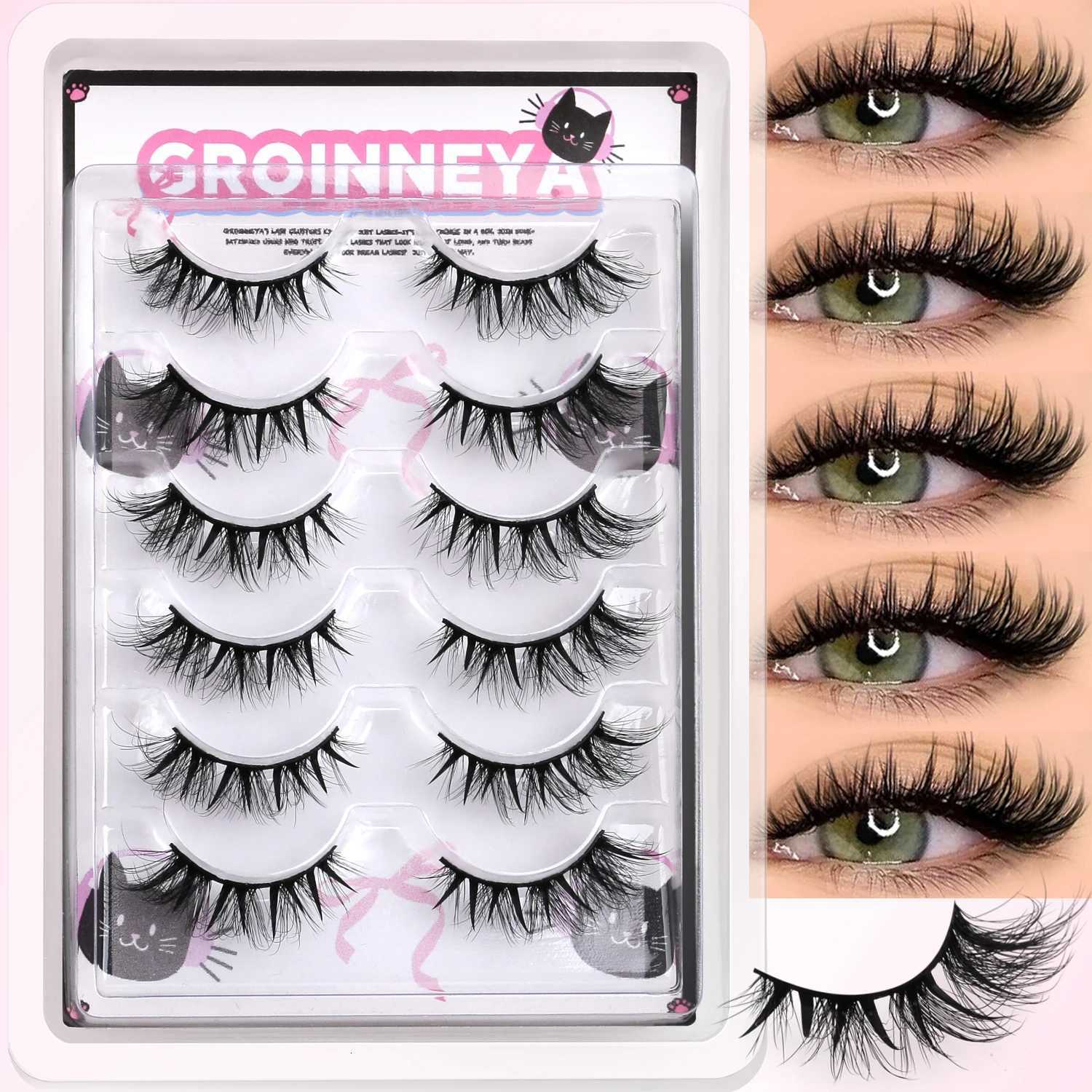 Groinneya Cat Eyelashes False Eyelashes Fluffy Faux Mink Lashes Wispy Lashes Natural Look Wispy Winged End Eye Elongated Lashes Z250730