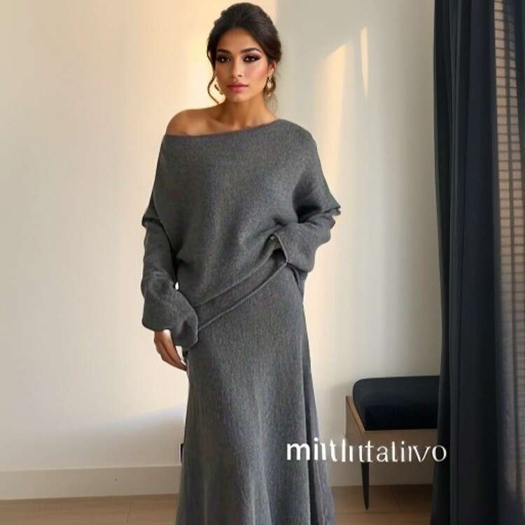 Autumn Winter New Elegant Knitted Set For Women Off-Shoulder Sweater Top Elastic Waist Fishtail Skirt B5