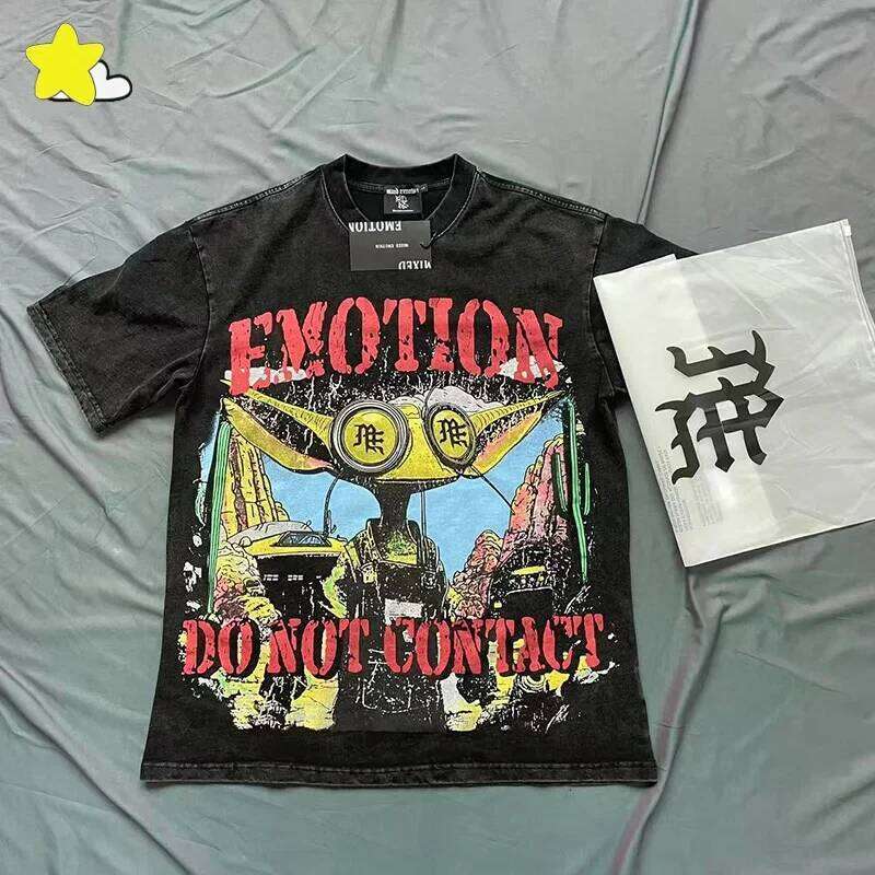 Streetwear Vintage Washed Black MIXED EMOTION T Shirt Men Women Top Quality Cotton Tee Cracked Graphics Print Oversized T-Shirt