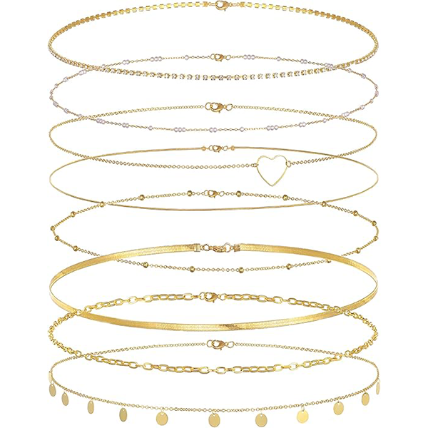 8Pcs Waist Belly Chain 18K Gold Plated CZ Heart Pearl Snake Bead Sequin Paperclip Belly Chain Summer Beach Sexy Body Chains Jewelry Accessories for Wo