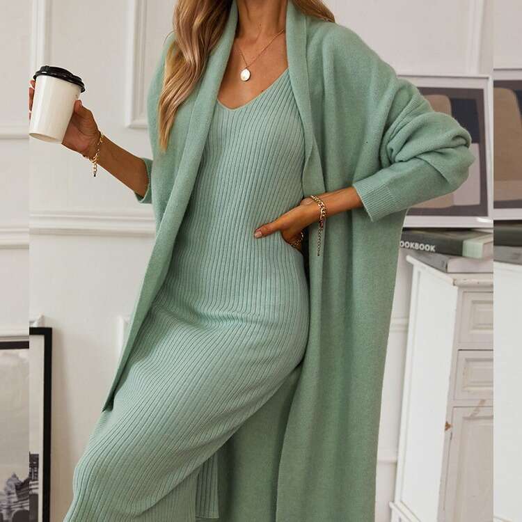 Autumn Winter New Style Knitted Suit For Women Elegant Vest Dress + Long Cardigan Coat Hot B5