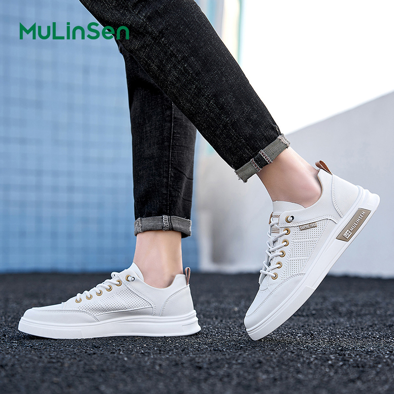 Mulinsen men's shoes spring and summer 2025 all-match youth breathable sports punched casual sneakers flat bottom non-slip wear-resistant white s